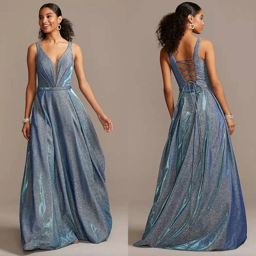 David’s Bridal Illusion Plunge Iridescent Metallic Ball Gown - Picture 1 of 13